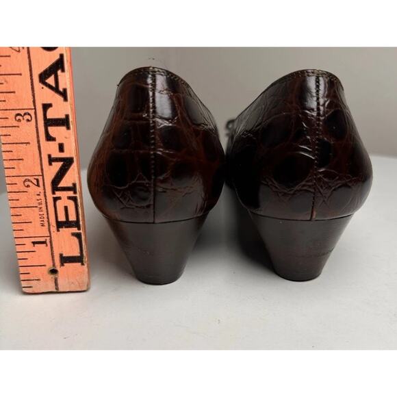 Vtg 90’s Salvatore Ferragamo Brown Calf Croc Leather Gold Bow Vara Shoes Sz 8 B - Picture 7 of 16